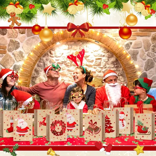 Miniatura 6 de Yeaqee 80 piezas - bolsas de regalo de Navidad - tamaño pequeño - Merry Christmas Xmas - bolsas de regalo de Navidad con asas - bolsas de papel