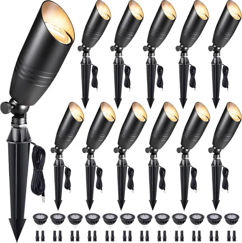 Miniatura 26 de Gardenreet Focos de paisaje de bajo voltaje - Luz superior LED de latón 12V para exterior, luces focales cableadas IP65 impermeables, enfoque