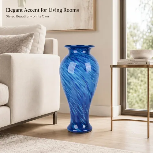 Miniatura 2 de Jarrón de vidrio azul de 20 pulgadas de alto soplado a mano para decoración del hogar, bonito y moderno jarrones de flores azul oscuro, jarrones