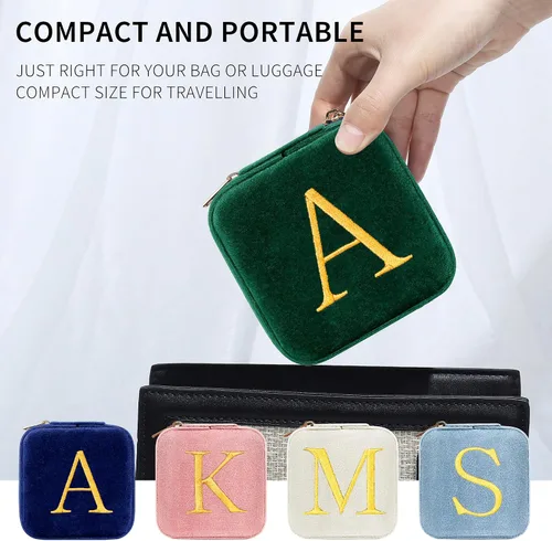 Miniatura 3 de Parima Joyero de terciopelo de felpa para el regreso a clases, organizador de joyas de viaje con monograma personalizado, cajas de joyería