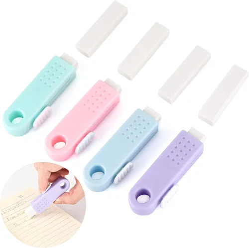 Paquete de 4 borradores retráctiles deslizantes de clic, colores suaves, colores pastel, borradores estéticos con funda de plástico para