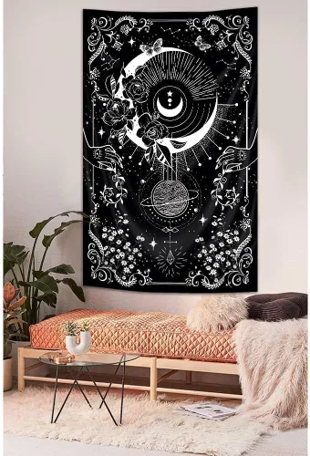 Miniatura 8 de Riyidecor Tapiz vertical de mujer misteriosa de fase lunar, bohemio, pequeño, gótico, para colgar en la pared, plantas florales, hojas estrelladas