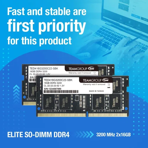 Miniatura 2 de TEAMGROUP Elite DDR4 16 GB Kit (2 x 8 GB) 3200 MHz PC4-25600 CL22 Sin búfer No ECC 1.2 V SODIMM 260-Pin Laptop Notebook PC Módulo de memoria
