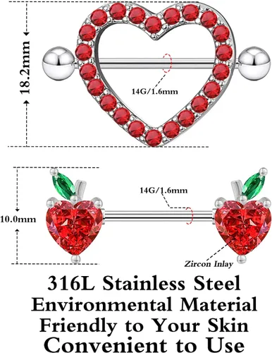 Miniatura 2 de FLOGWE 2 7 pares de anillos de pezón de corazón de calibre 14 de acero inoxidable lindo piercing de pezón joyería de pezón barbells CZ pezón joyería