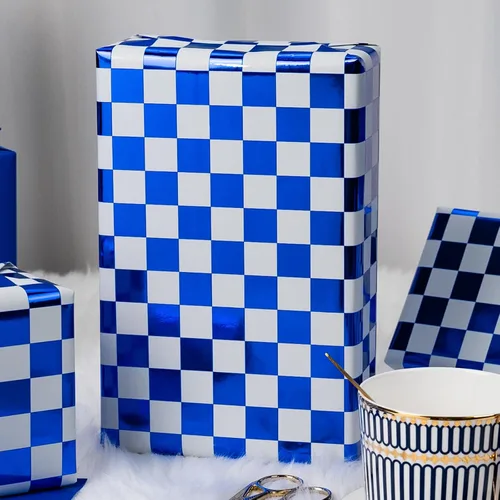Miniatura 5 de MAYPLUSS Rollo de Papel de Regalo, Papel de Regalo con Bandera a Cuadros Azul y Blanco, Papel de Regalo Reversible para Patinadores y Carreras