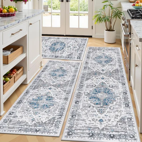 Miniatura 20 de Ileading Juego de 3 alfombras de cocina bohemias con corredor, alfombra de cocina, alfombras y tapetes antideslizantes lavables para cocina, suelo