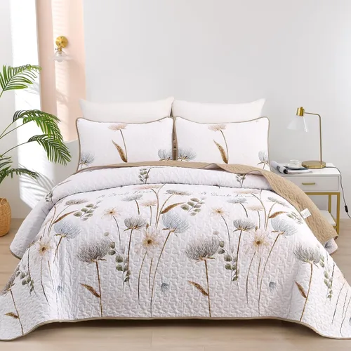 Miniatura 22 de Dinjoy Juego de colcha floral tamaño Queen, colcha azul agua tamaño Queen de 3 piezas, juego de ropa de cama ligera de estilo granja, colcha