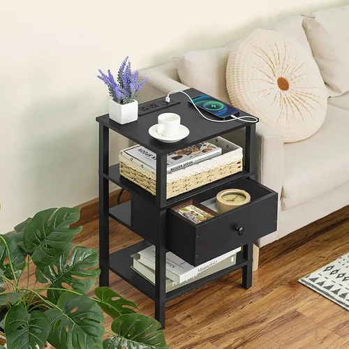 Miniatura 2 de Lerliuo Mesita de noche con estación de carga y puertos USB, mesa auxiliar de almacenamiento de 3 niveles con cajón y estante, mesita de noche