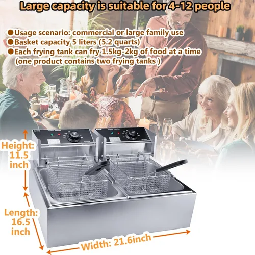 Miniatura 8 de Freidora Profunda Comercial con Cesta, 3400W 12.7QT/12L, Freidora Eléctrica de Aceite de Encimera de Acero Inoxidable Desmontable de Gran Capacidad