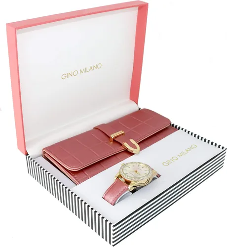 Miniatura 2 de Reloj de pulsera de cuero dorado para mujer y cartera de tres pliegues a juego