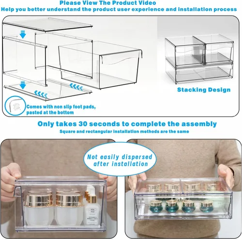 Miniatura 6 de Paquete de 6 cajones de almacenamiento apilables transparentes, organizador de maquillaje de baño grande de 12 pulgadas de ancho y bolígrafo, lentes