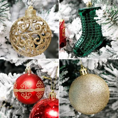 Miniatura 6 de ROSELEAF Juego de 132 piezas de decoración para árbol de Navidad, adornos colgantes inastillables en rojo, verde y dorado, estilo de arte popular