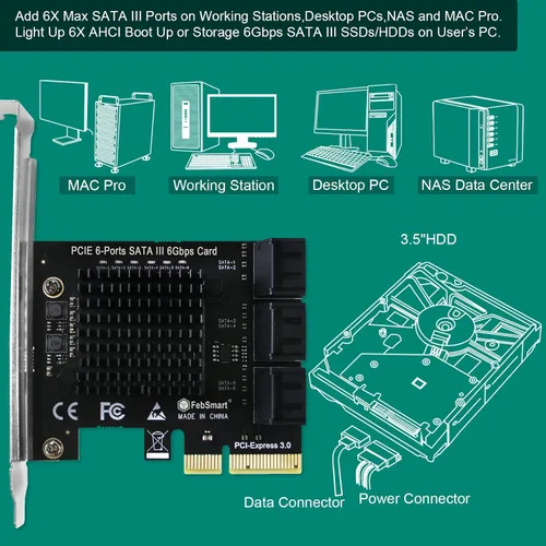 Miniatura 3 de Tarjeta de expansión PCIE 3.0 a 4 puertos 6Gbps SATA III para PC de escritorio, Plug and Play en Windows OS, MAC OS, Linux, ASMedia ASM1064