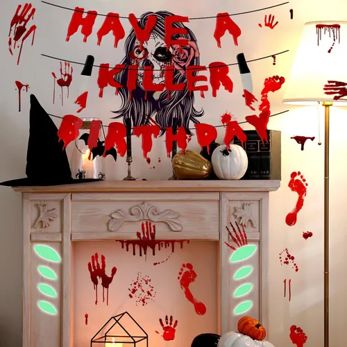 Juego de decoraciones de fiesta espeluznante + calcomanías de ojos que brillan en la noche + calcomanías de huella de sangre y huellas de sangre +