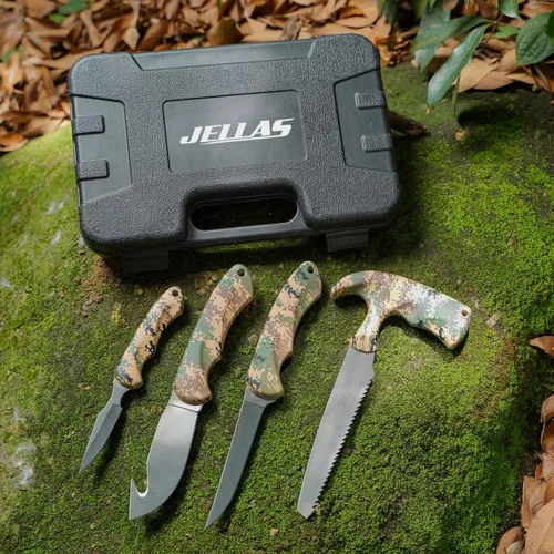 Miniatura 7 de Jellas Kit de cuchillos de caza, juego de 6 cuchillos de acero inoxidable con gancho intestinal, desollado, deshuesado, sierra, guantes y estuche