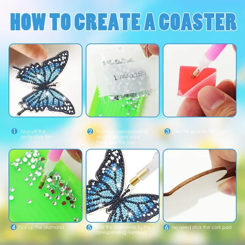 Miniatura 3 de Kit de 10 posavasos de pintura de diamantes de mariposa con soporte para principiantes, adultos y niños, suministros de arte de primavera para regalo