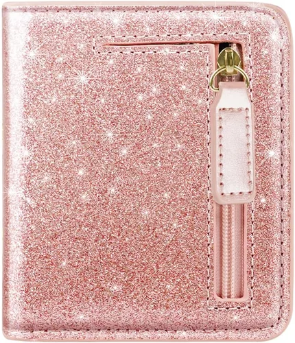 Miniatura 14 de Cartera pequeña con bloqueo RFID para mujer, con bolsillo plegable y compacto, lindo soporte para tarjetas de crédito, ranura para monedas, monedero
