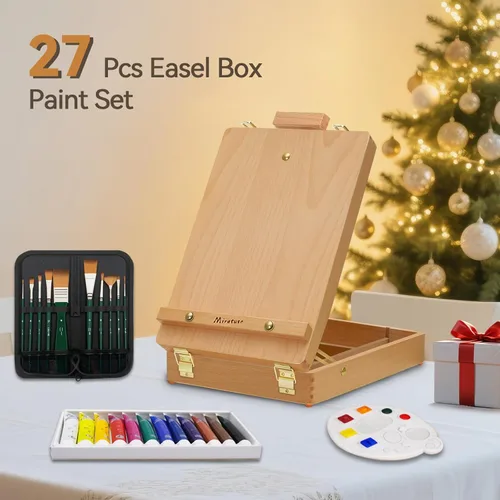 Miniatura 6 de Deluxe Art Supplies - Juego de arte de 27 piezas con caballete de mesa, pintura acrílica de 12 colores, 10 pinceles de pintura, 3 paneles de lienzo