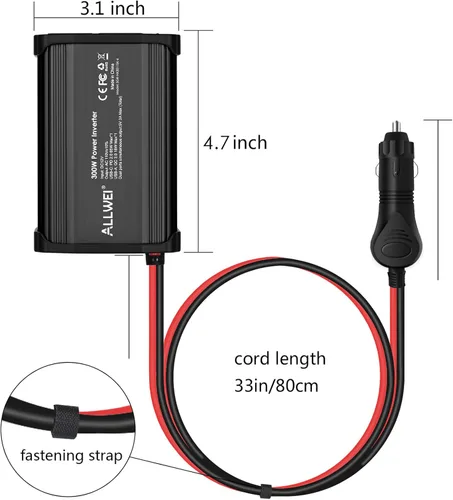Miniatura 8 de ALLWEI - Inversor de corriente de 300 W, adaptador de toma de corriente con enchufe para coche, CC 12 V a CA 110 V, con cargador rápido USB-C PD