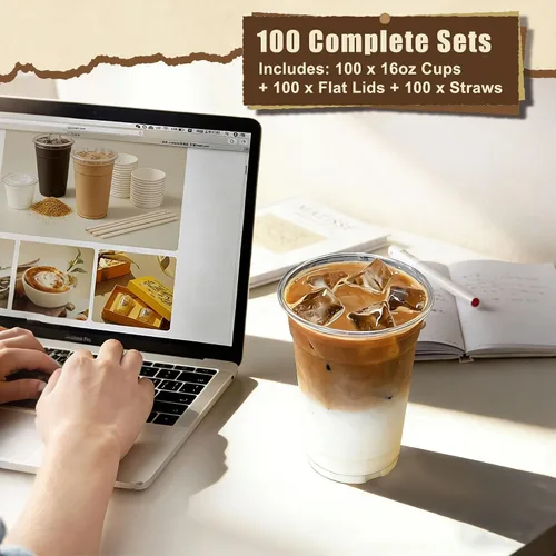 Miniatura 6 de Zcaukya Paquete de 100 vasos de plástico de 16 onzas con tapas y pajitas, vasos transparentes desechables para café helado, refrescos, batidos