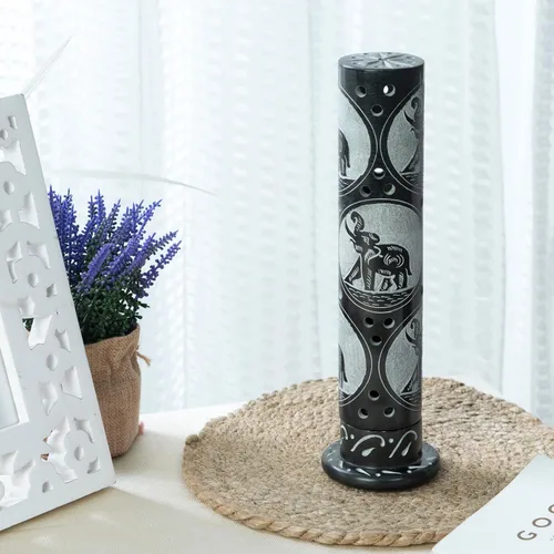 Miniatura 6 de Crocon Quemador de torre de incienso de mármol negro hecho a mano, forma redonda, diseño Jali, quemador de torre de incienso Portavelas de luz