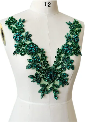 Miniatura 3 de Piedras de imitación hechas a mano apliques de encaje cuentas de costura a mano Trim Parches Accesorios para vestido escote (verde profundo)