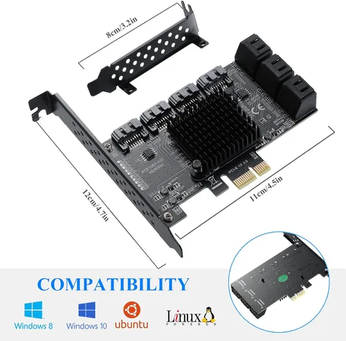 Miniatura 3 de Tarjeta de expansión PCIe 1 x SATA (10 puertos), tarjeta de expansión PCIe con controlador SATA 3.0 de 6 Gbps, no RAID, incluye soporte de perfil