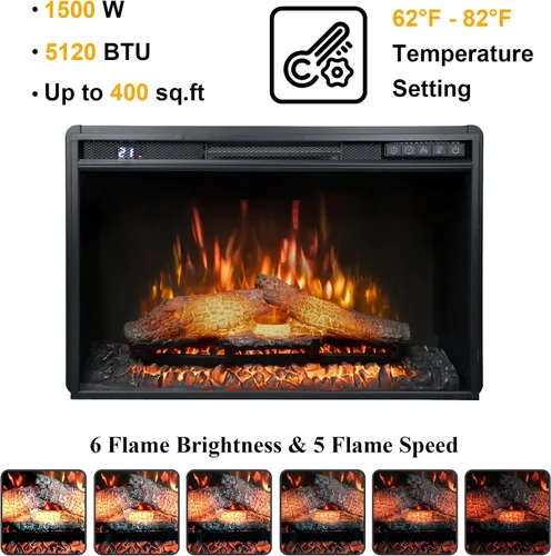Miniatura 4 de Inserto de chimenea eléctrica de 26 pulgadas de ancho, 6 niveles de brillo, 5 velocidades de llama, 62-82 ℉, temporizador y control remoto, chimenea