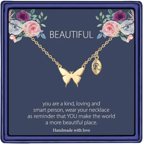 MONOOC - Collar de mariposa para mujeres y niñas, chapado en oro de 14 quilates, delicado collar con dije de mariposa, collar con inicial, lindo