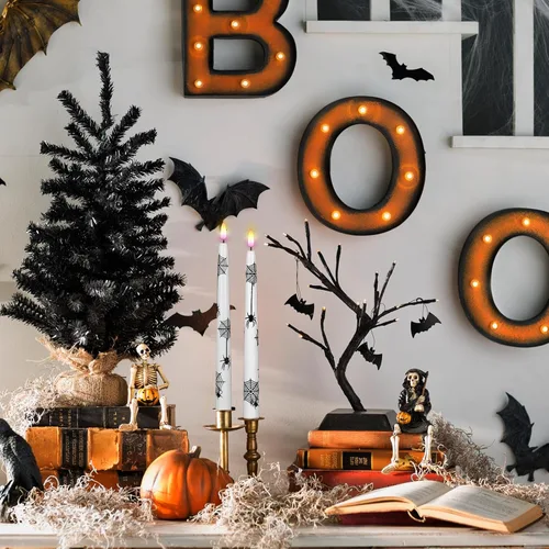 Miniatura 4 de Wondise Velas cónicas sin llama de Halloween con control remoto y temporizador, paquete de 4 velas LED parpadeantes de cera real con pilas de araña
