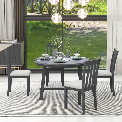 Miniatura 9 de Harper & Bright Designs Juego de mesa de comedor de madera de 5 piezas, mesa de comedor redonda extensible con 4 sillas de comedor, juego de cocina