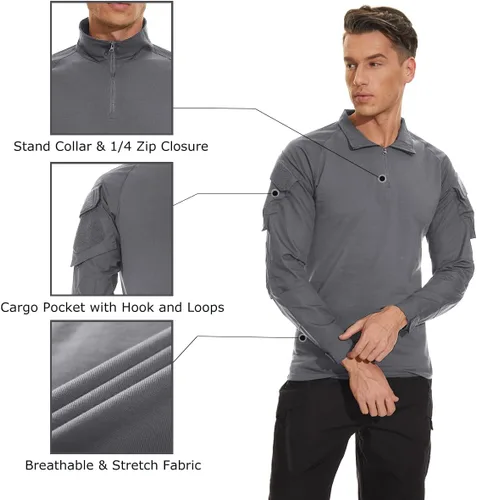 Miniatura 35 de TACVASEN Camisa táctica de manga larga para hombre, con cremallera de 1/4, con bolsillos, para paintball, militar, Airsoft, transpirable