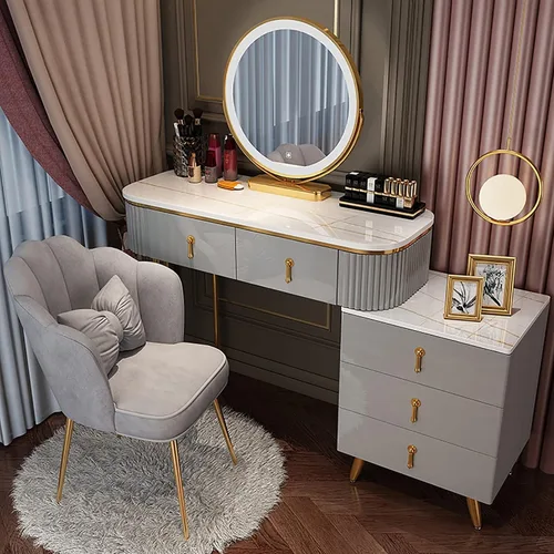 Miniatura 11 de Juego de tocador grande con luces LED, mesa de tocador de maquillaje con gabinete ajustable y taburete acolchado, 3 modos de iluminación, tocador