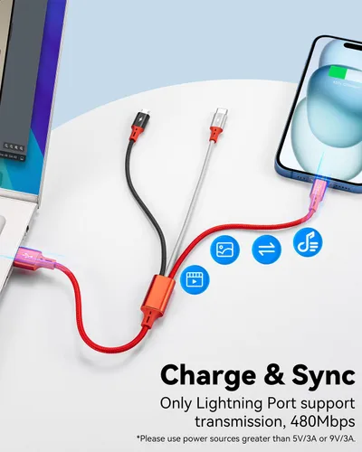 Miniatura 2 de Paquete de 2 cables de carga múltiple, 3 en 1, retráctil, cable de carga rápida, cargador USB C con Lightning/Micro/Tipo C para iPhone, iPad, Rojo