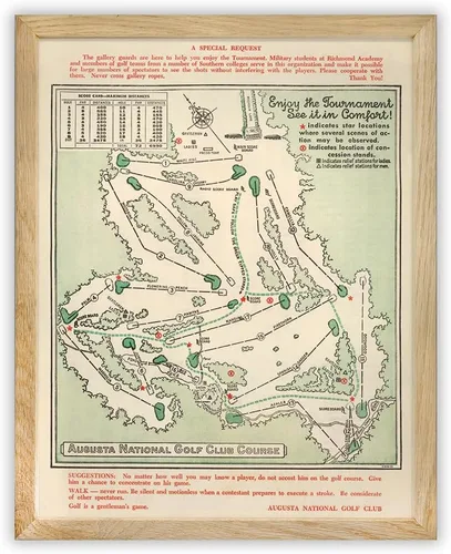 Mapa vintage del campo de golf Augusta National 1954 – Arte de pared de golf enmarcado para oficina o hogar – Decoración clásica de golf Masters