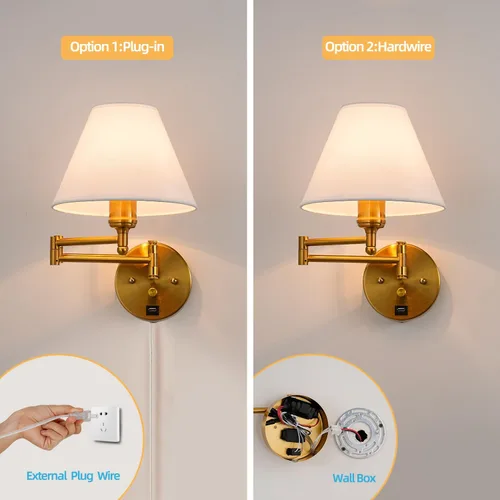 Miniatura 3 de Apliques de pared con brazo oscilante, lámpara de pared enchufable, lámpara de pared para dormitorio, pantalla de tela blanca, con interruptor Dorado