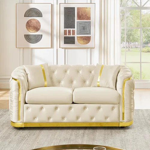 Miniatura 6 de Sofá Chesterfield de 62.6 pulgadas, moderno de mediados de siglo, sofá de terciopelo blanco beige y dorado, sofás de lujo para sala de estar