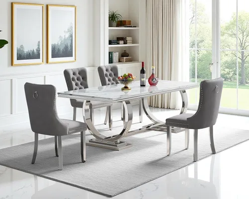 Miniatura 41 de Juego de mesa de comedor de 5 piezas para 4, mesa de cocina de mármol negro de 68 pulgadas con 4 sillas beige, mesa de comedor rectangular moderna