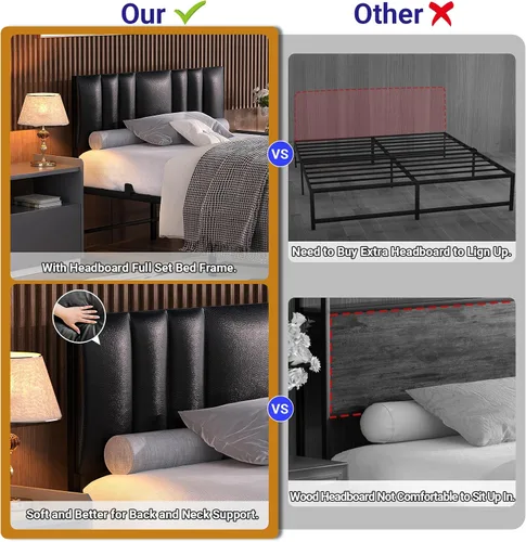 Miniatura 5 de Besiost Base de cama de tamaño individual con cabecera ajustable de 3 alturas, cama de plataforma tapizada de cuero con luz LED y estación de carga