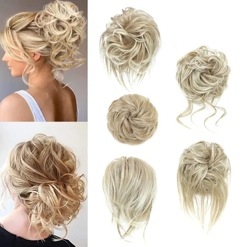 Miniatura 26 de 5 piezas de extensiones de cabello para moños desordenados con banda elástica de goma para mujeres, extensiones de cola de caballo con horquillas