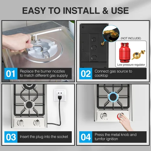 Miniatura 6 de ANHANE - Estufa de cocina a gas, 2 quemadores, portátil de acero inoxidable de 12 pulgadas, combustible dual GLP/NG, estufa de gas integrada, ideal