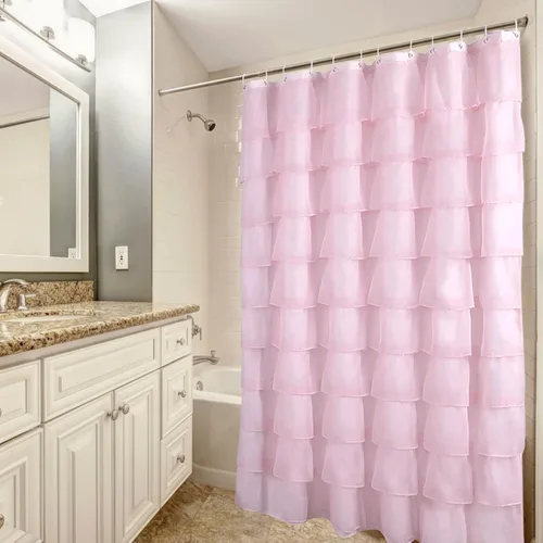 Miniatura 4 de Cortina de ducha Reisen de tela rosa con volantes, estilo granja para baño, cortina de ducha transparente, 72 x 72 pulgadas