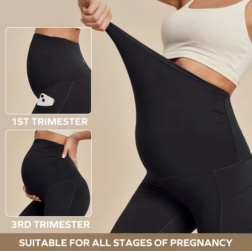 Miniatura 5 de Ewedoos Leggings de maternidad con forro polar y laterales fruncidos, cálidos, sobre el vientre, pantalones térmicos de yoga con bolsillos