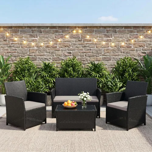 Miniatura 4 de FHFO Juego de 4 muebles de patio al aire libre, muebles de exterior, juego de sofá modular de mimbre para conversación al aire libre, juego de sofá