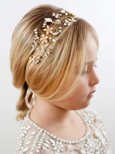 Miniatura 2 de SWEETV - Diadema de niña de flores para boda, pieza de pelo de perlas florales para bebé, diadema dorada para fiesta de cumpleaños, fotografía Dorado