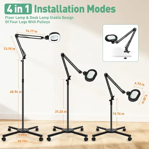 Miniatura 7 de Lámpara de mesa de aumento de 2 en 1 con luz y soporte, rotación de tres ejes, color infinito, atenuable, lupa iluminada de 12 aumentos, banco