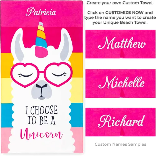 Miniatura 2 de Softerry - Toalla de playa personalizada con diseño de unicornio y llama, arcoíris rosa, 28 x 51 pulgadas (27.6 x 51.2 in), 100% algodón, terciopelo