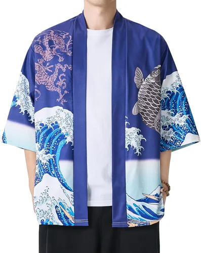Miniatura 24 de PRIJOUHE Chaqueta Kimono Ligera para Hombre de Manga Tres Cuartos con Frente Abierto Cárdigan Estilo Japonés