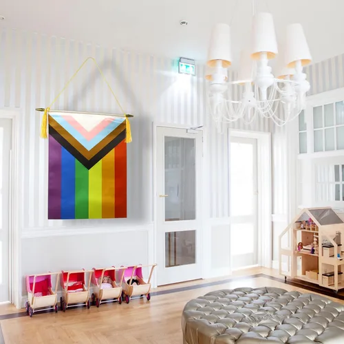 Miniatura 3 de CANTENDO Paquete de 2 banderas de pared con diseño de arco iris del progreso del orgullo progresivo, bandera colgante gay LGBTQ con poste colgante