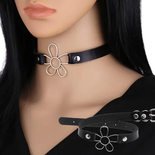 Miniatura 3 de Gargantilla gótica de PU para mujer, 2 piezas, anillo redondo, diseño de flores, collar de cuero para mujer